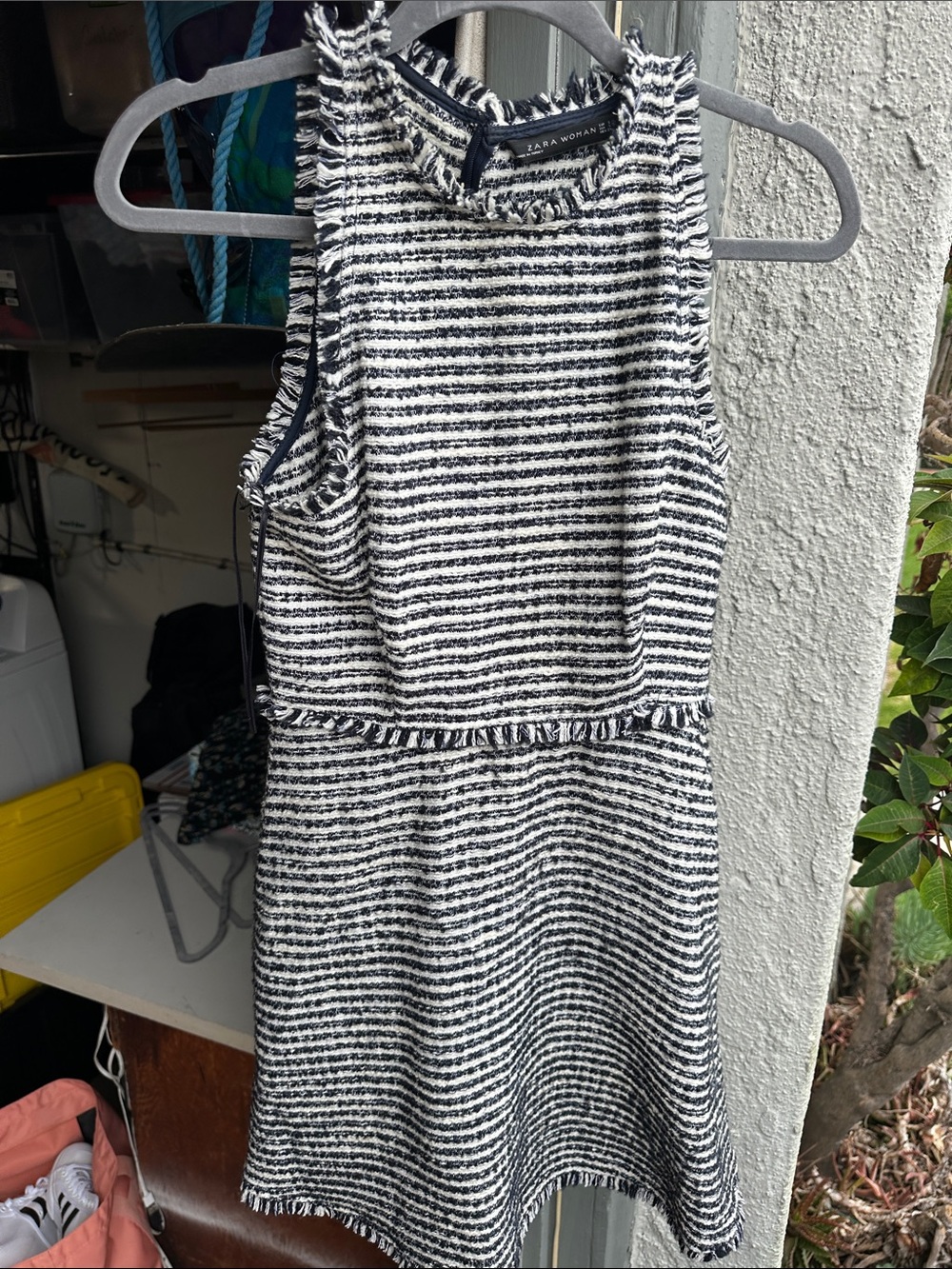 Zara Black and White Striped Textured Fringe Dress